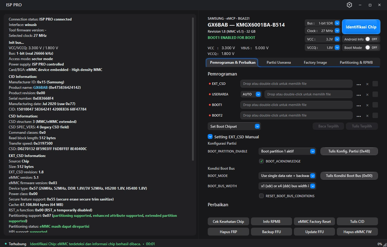 ISP PRO software showing eMMC identification, programming and repair controls